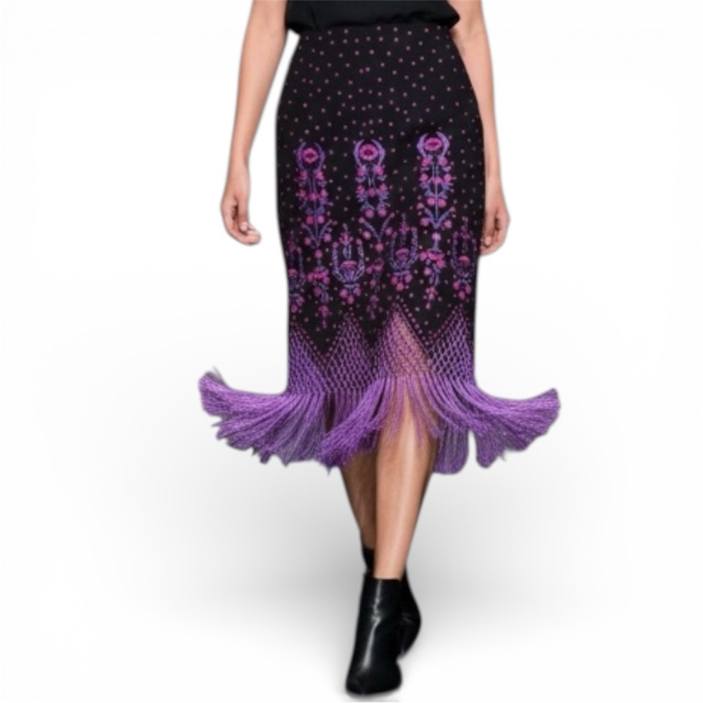 Coastal Cowgirl Black & Purple Floral Pencil Skirt with Fringe - Size 8